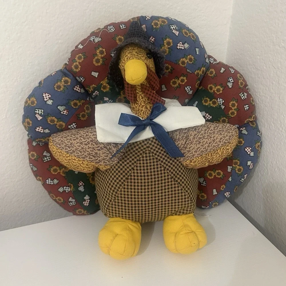 TWO Vintage Thanksgiving Patchwork Quilt Turkey Plush Centerpiece Folk Art